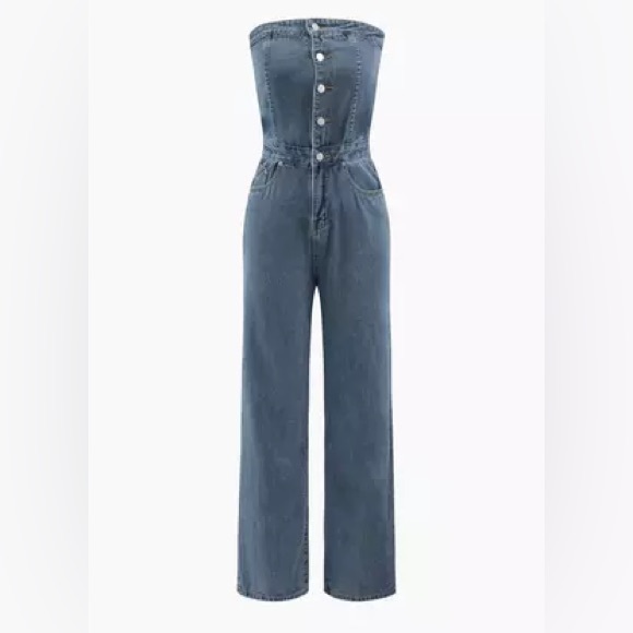 Button front denim  stapples jumpsuit - Picture 2 of 5